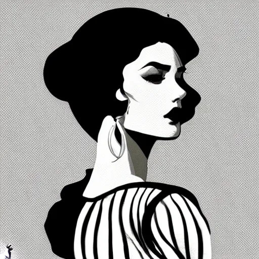 Image similar to black and white silhouette feminine spanish woman portrait alina ivanchenko style logo, ink drawing, art by jc leyendecker and sachin teng