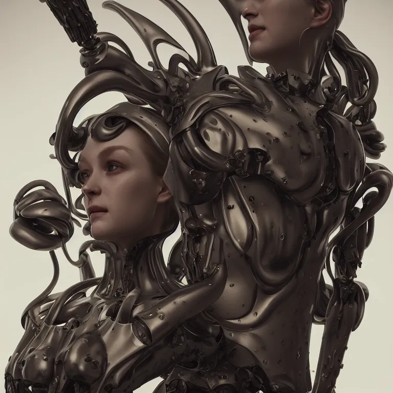Image similar to prototype exoskeleton with ribbed body, baroque portrait by rutkowsky and charles vess and james jean and erik jones and rhads, 3 d octane render, beautiful fine face features, intricate high details, sharp, ultradetailed, artistic photography
