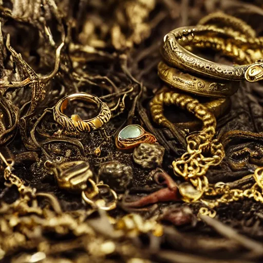 Image similar to Gollum wearing many rings and many gold chains and many medallions in a dark forest, cinematic, foggy atmosphere, greed, excitement, photograph, photorealistic