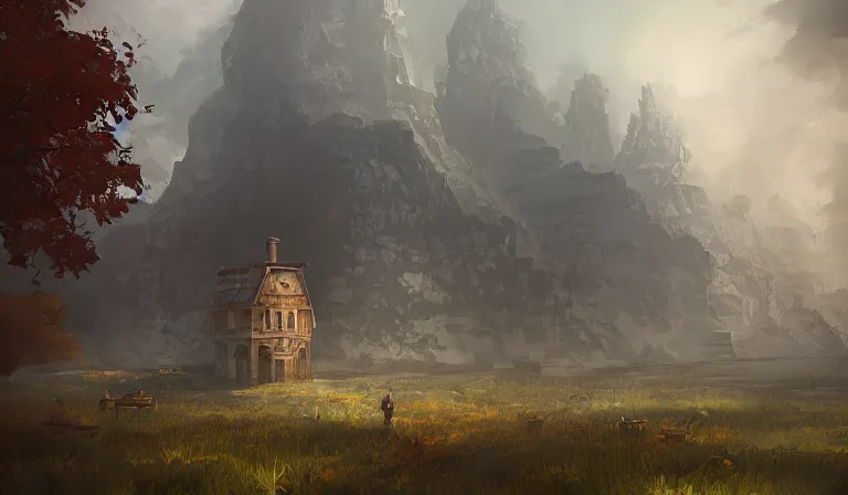 Prompt: A serene landscape with a singular building in the style of Marc Simonetti.