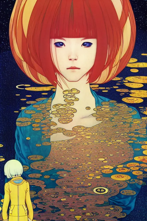 Prompt: a lonely girl floating in a spacestation, akihito yoshida, gustav klimt, yuya nagai, Ilya Kuvshinov, murata range, jean giraud, makoto shinkai, kawaii, alphonse mucha, matte colors, high saturation, detailed, 1990s