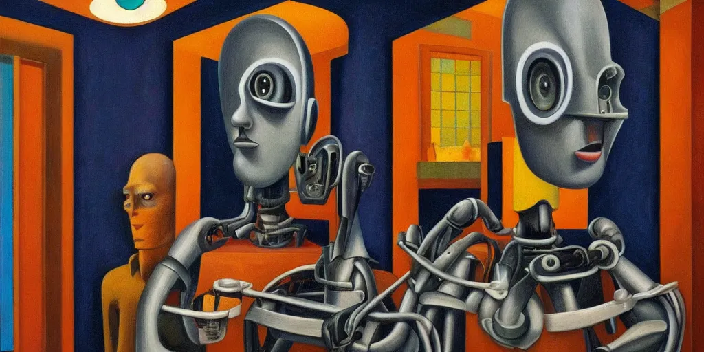 Image similar to super - intelligent robot with kind eyes portrait, lowbrow, pj crook, grant wood, edward hopper, oil on canvas