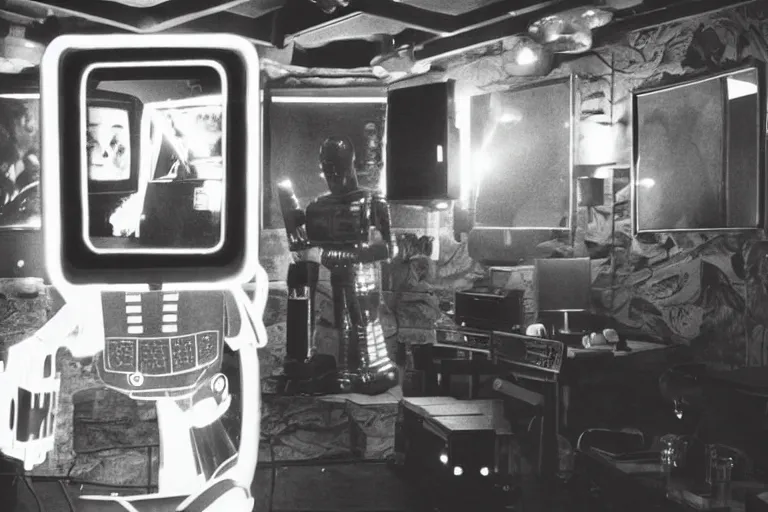 Image similar to robot staring at her reflection in a mirrored monolith, from 1977, in a tiki bar, volumetric lighting, surrounded by crt monitors, photograph, in the style of jack bridgeland