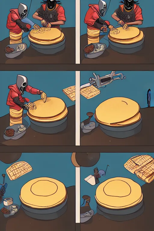 Prompt: mf doom making pancakes, animation pixar style, pendleton ward, magali villeneuve, artgerm, rob rey and kentaro miura style, golden ratio, behance, trending on art station