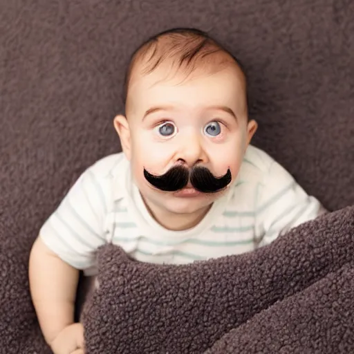 Prompt: baby with a very thick moustache laying on a blanket, photograph, dark moustache, tom selleck style moustache, sam elliot style moustache, grouch marx style moustache, depth of field, cute baby with moustache, olan mills, professional portrait photograph