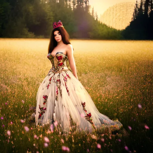 Prompt: photo of an extremely beautiful woman in ornate gown in an endless ethereal meadow, 4 k, hdr, smooth, sharp, focus, hyper realistic, high resolution, award - winning photo, bokeh, graflex camera, super resolution