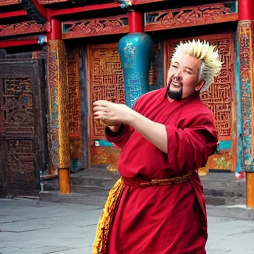 Prompt: VFX movie of ((Guy Fieri as a Tibetan monk)) dancing with fire in a Chinese courtyard by Emmanuel Lubezki