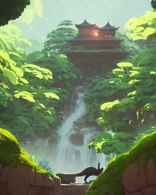 Image similar to a big cat guarding the entrance to a temple, lush vegetation, waterfalls, cory loftis, james gilleard, atey ghailan, makoto shinkai, goro fujita, character art, rim light, exquisite lighting, clear focus, very coherent, plain background, soft painting