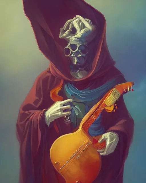 Image similar to colorful baroque portrait of a shadowy man wearing a hooded cloak, playing a guitar, gallery art by peter mohrbacher, artstation, artgate