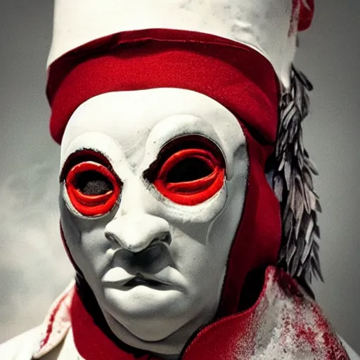 Image similar to a highly detailed pulcinella with a pizza margherita, black eye mask by arturo faldi, volcano and lava, trending on deviantart, octane, masterpiece, masqua