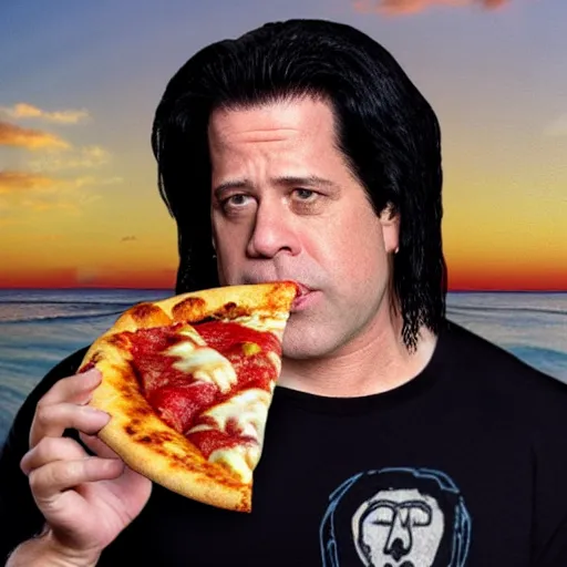 Image similar to glenn danzig surfing on a pizza roll, 4 k,