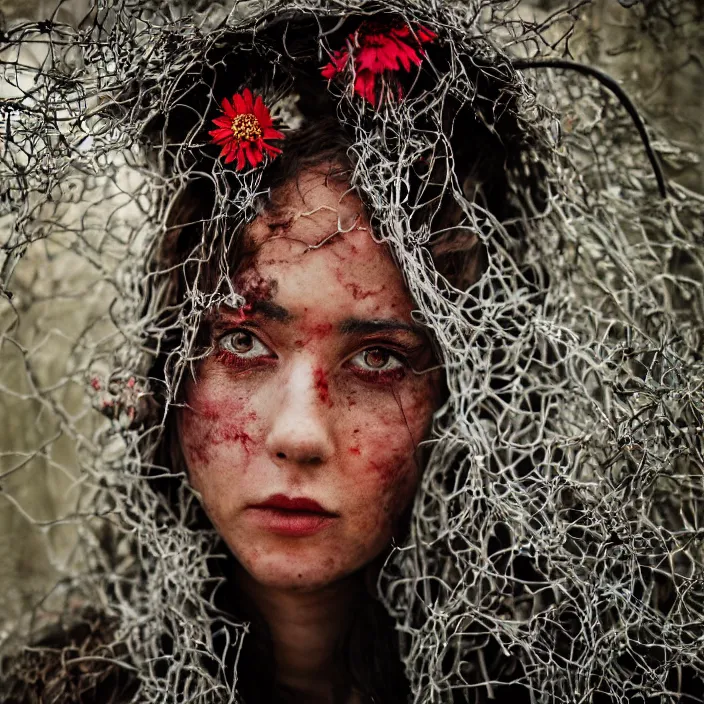 Prompt: a closeup portrait of a woman wearing a hooded cloak made of zinnias and barbed wire, in a derelict house, by Omar Z. Robles, natural light, detailed face, CANON Eos C300, ƒ1.8, 35mm, 8K, medium-format print