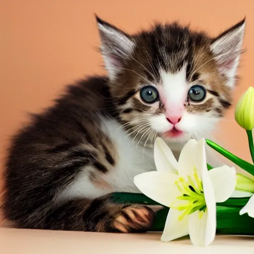 Image similar to A cute but sad kitten holding lilies in its mouth, 4k, award wining photo