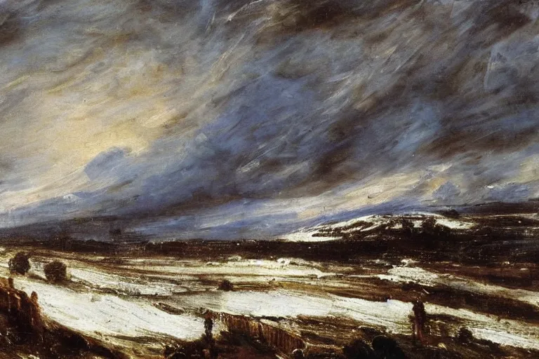 Image similar to a beautiful oil painting of a Scottish Highland winter landscape, evening light, by john constable, beautiful light, detailed, dramatic