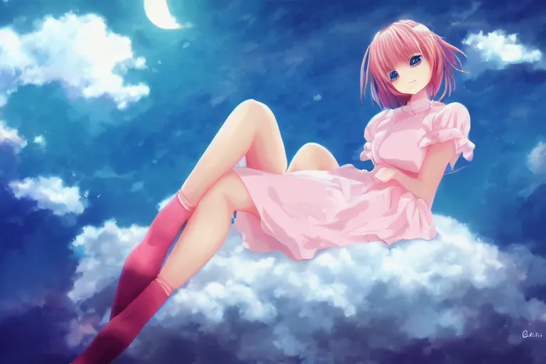 Image similar to a cute anime girl sitting on a cloud, digital painting, anime, portrait