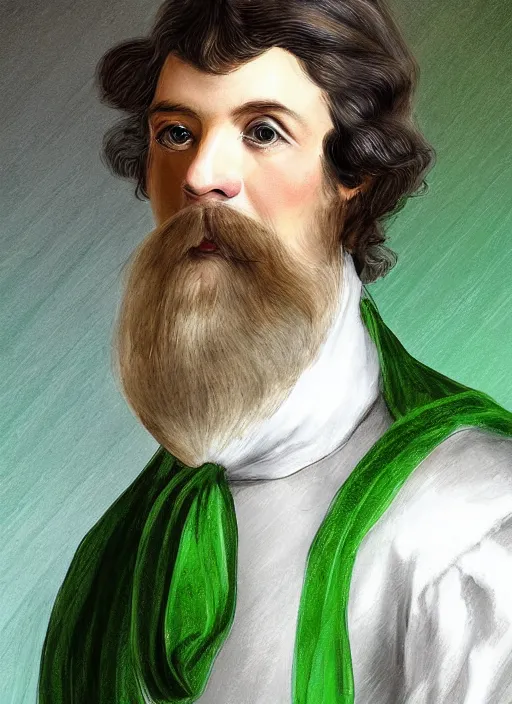 Prompt: an old french baron, long hair, wear an elegant mustach, white scarf, green shirt, by artgem, digital art, highly detailled