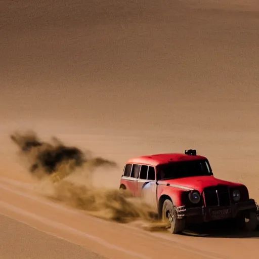 Image similar to photo of a red bus in desert, mad max fury road style, dynamic, fast moving