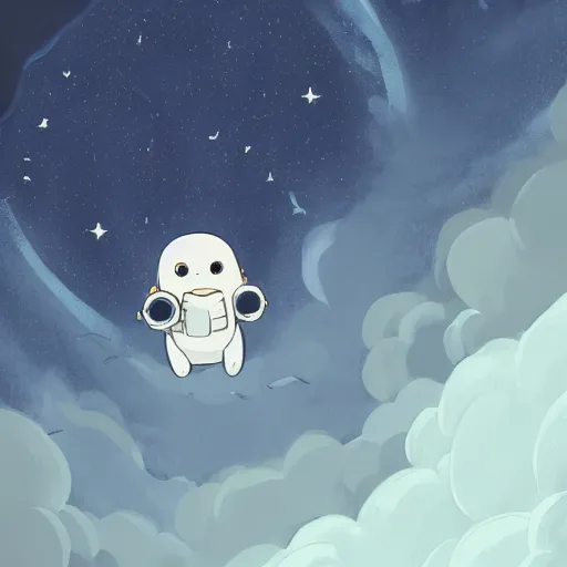 Image similar to terrified baby harp seal astronaut floating alone in deep space, black bacgkground with scattered stars, lonely, scary, atey ghailan, goro fujita, studio ghibli, ominous, dark lighting, clear focus, very coherent,