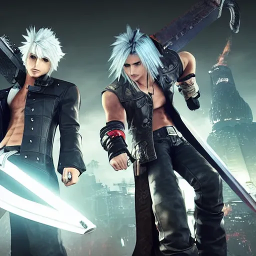 Image similar to Dante from Devil May Cry 5 and Cloud Strife from Final Fantasy VII Remake fighting with their swords, fantasy, shot on iphone, hyperrealism 8k,