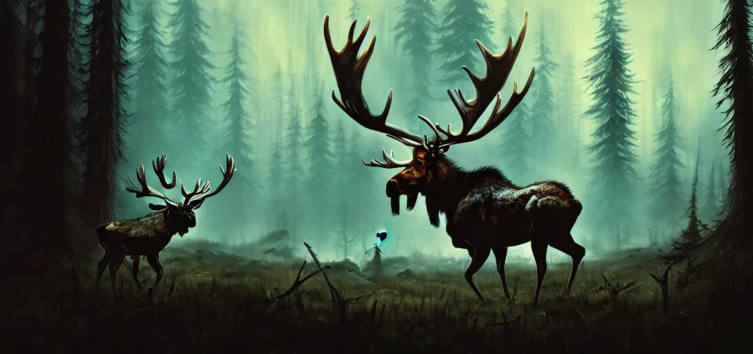 Prompt: highly detailed painting of an evil moose in a dark forest, cinematic lighting, dramatic atmosphere, by dustin nguyen, akihiko yoshida, greg tocchini, greg rutkowski, cliff chiang, 4 k resolution, luminous grassy background