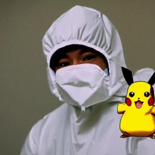 Image similar to pikachu wearing a hazmat suit