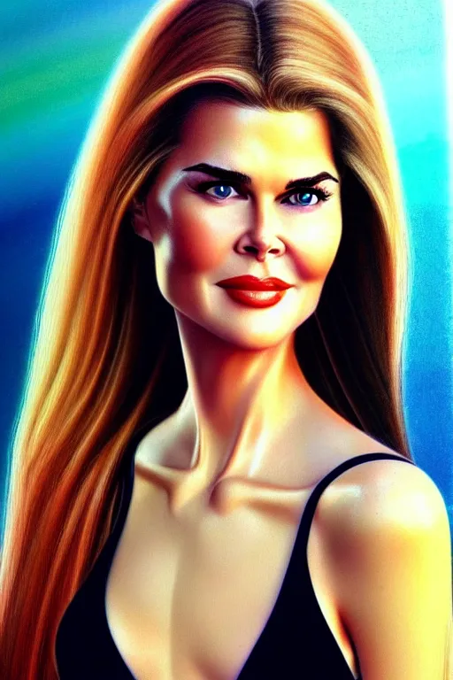 Image similar to mix of beautiful young maria shriver, mariel hemmingway, brooke shields, nicole kidman and elle macpherson as a young bikini model, thin lips, hair tied up in a pony tail, dark blonde hair, colorful, artstation, cgsociety