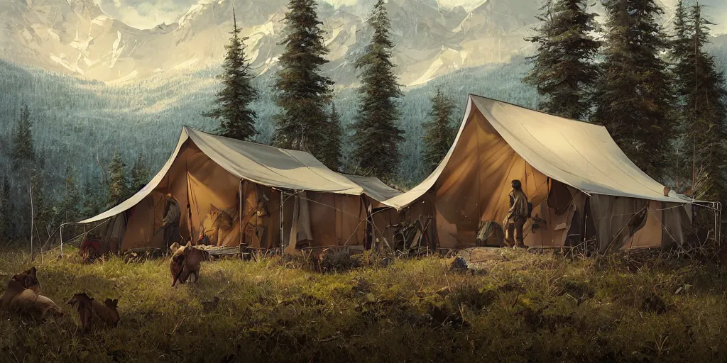 Image similar to cabela's tent fabric shelled pop up family dwelling unit, cabin, modular, person in foreground, mountainous forested wilderness open fields, beautiful views, painterly concept art, joanna gaines, environmental concept art, farmhouse, magnolia, concept art illustration by ross tran, james gurney, by craig mullins, by greg rutkowski