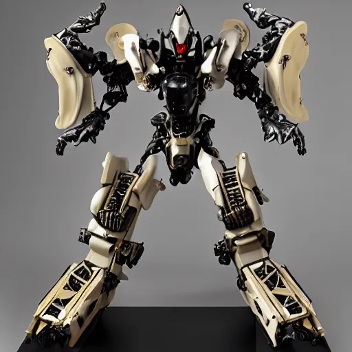 Image similar to realistic combat mech, carved black marble mechanical exoskeleton wearing hardsurface armour, inlaid with obsidian and gold accents, ivory rococo, wings lace wear, sculpted by spider zero, frank gehry, jeff koons, bandai box art