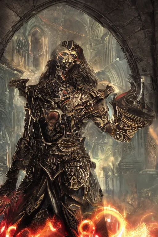 Image similar to Path of Exile, Sirius, bronze face, red eyes, male image with bronze black armor, sitting on the throne, inside the ruined gothic church, black shadows, red lasers, dark red bloody fog fly around, [[blood]], Anachronism, painting, dark fantasy, steampunk, 4k, perfect quality,