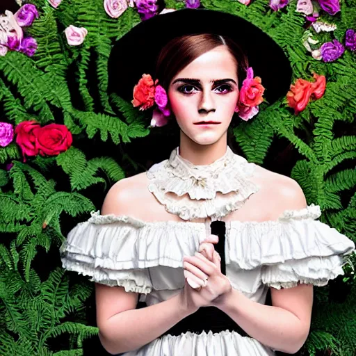 Image similar to On Construction Paper full body fashion model emma watson by Winslow Homer smokey eyes makeup eye shadow fantasy, glow, shimmer as victorian woman in a long white frilly lace dress and a large white hat having tea in a sunroom filled with flowers, roses and lush fern flowers ,intricate, night, highly detailed, dramatic lighting , high quality