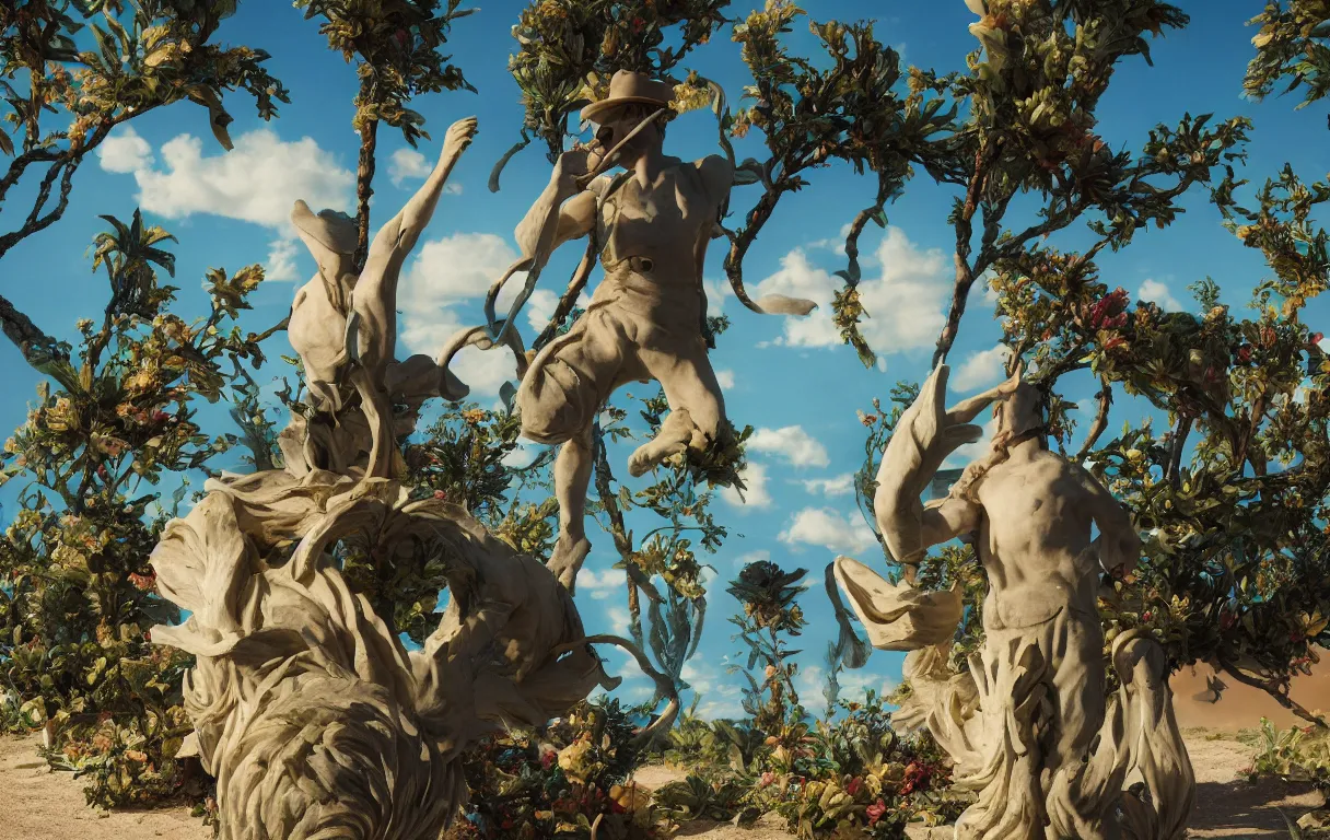 Image similar to a cowboy turning into blooms. tropical sea slugs, tractor tires. complementary colors. national geographic. 8 k, rendered in octane, smooth gradients. sculpture by antonio canova