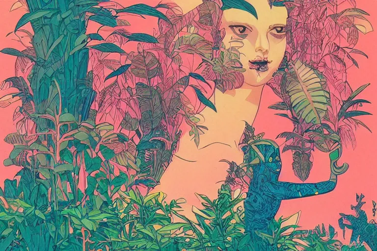 Image similar to gigantic girl faces, tiny robots, a lot of exotic vegetation around, risograph!, colorful flat surreal design, super - detailed, a lot of tiny details, fullshot, painting by luigi serafini and moebius