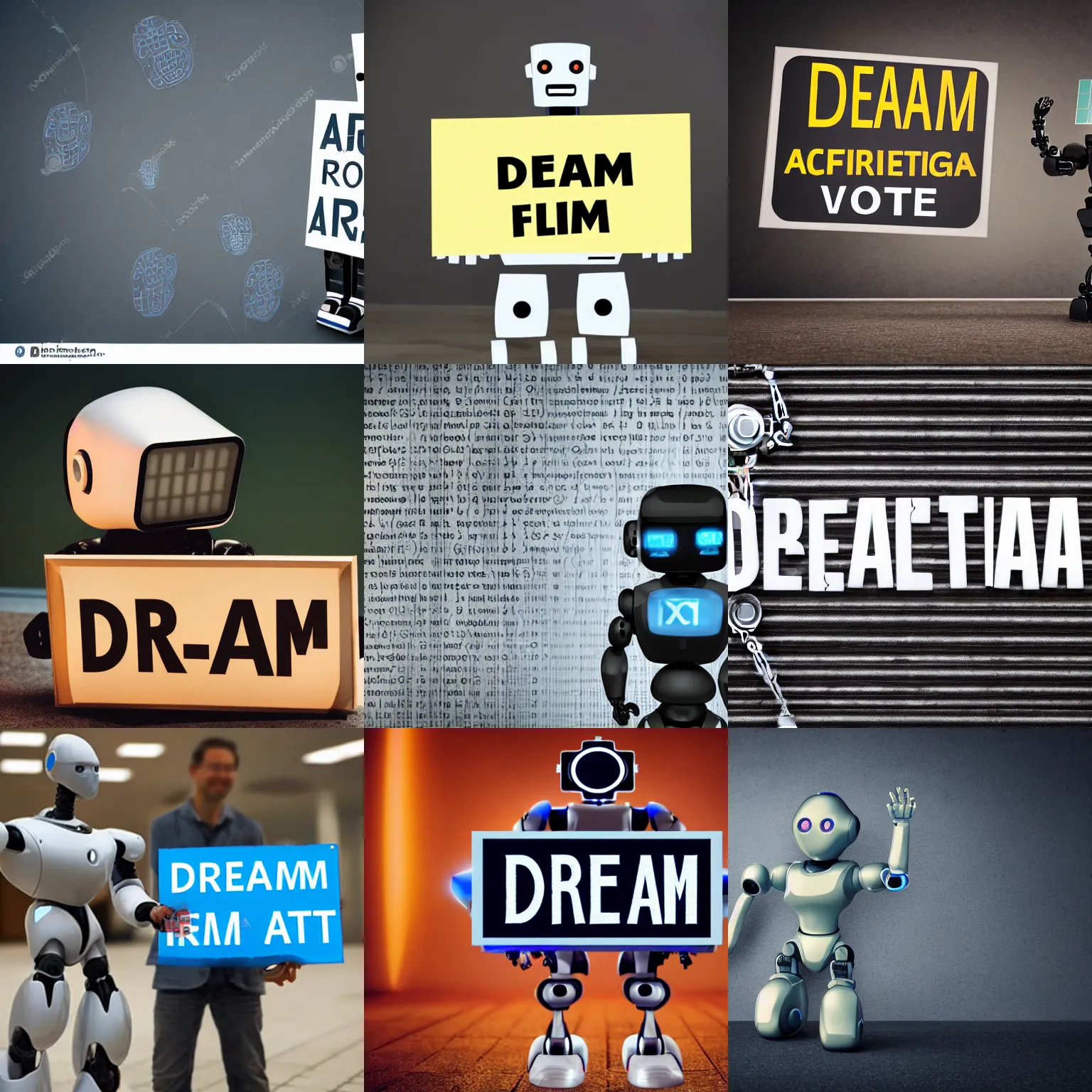 Image similar to artificial intelligence robot holding a sign with text that reads : dream