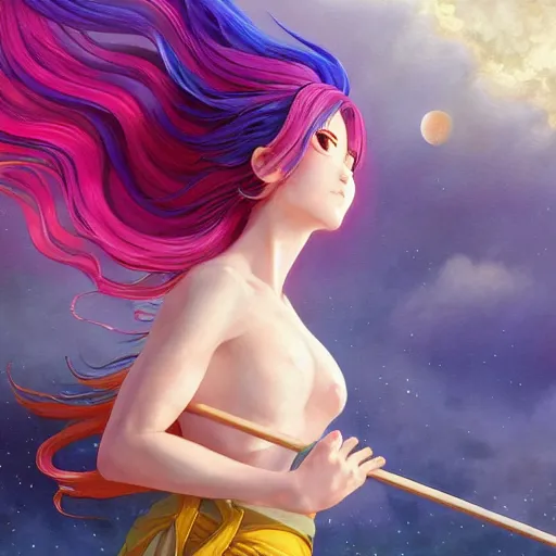 Prompt: a film still portrait of rainbow - haired goddess painting the earth, finely detailed features, closeup at the faces, perfect art, in space, gapmoe yandere grimdark, trending on pixiv fanbox, painted by greg rutkowski makoto shinkai takashi takeuchi studio ghibli, akihiko yoshida