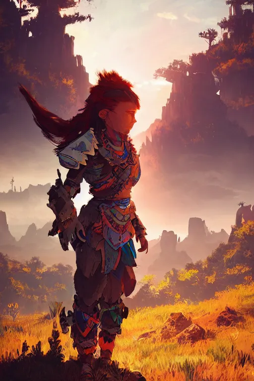 Image similar to combination suit armor aloy horizon forbidden west horizon zero dawn radiating a glowing aura global illumination ray tracing hdr fanart arstation by ian pesty and alena aenami artworks in 4 k tribal robot ninja mask helmet backpack