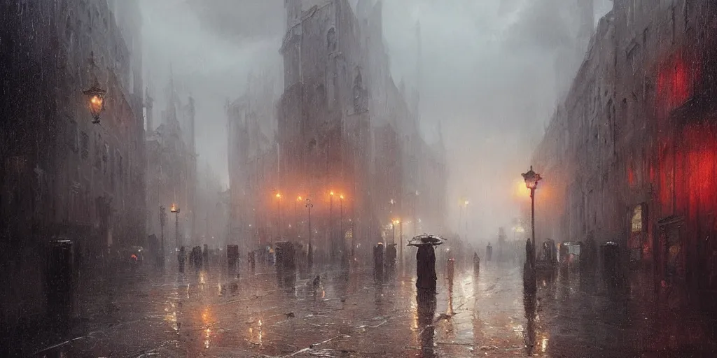 Image similar to an oil painting of a downpour in the middle of the street of a medieval city, moody lighting, fog, dark fantasy, by greg rutkowski, trending on artstation