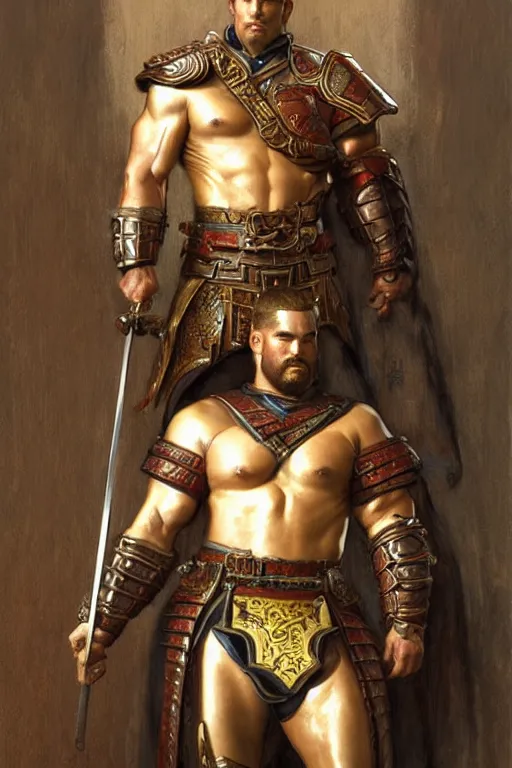 Prompt: attractive beefy male with armor, tang dynasty, character design, painting by gaston bussiere, craig mullins, j. c. leyendecker, tom of finland