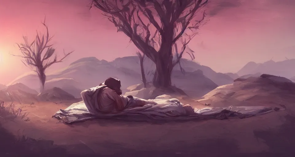 Image similar to a man resting in the desert at night, artstation