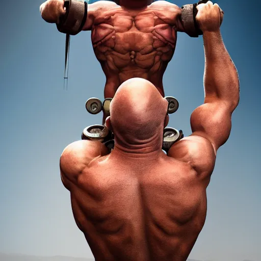 Prompt: a muscular bald man with engines on his back and drainage pipes from his arms, diesel engine, gasoline engine, combustion engine, high definition photograph