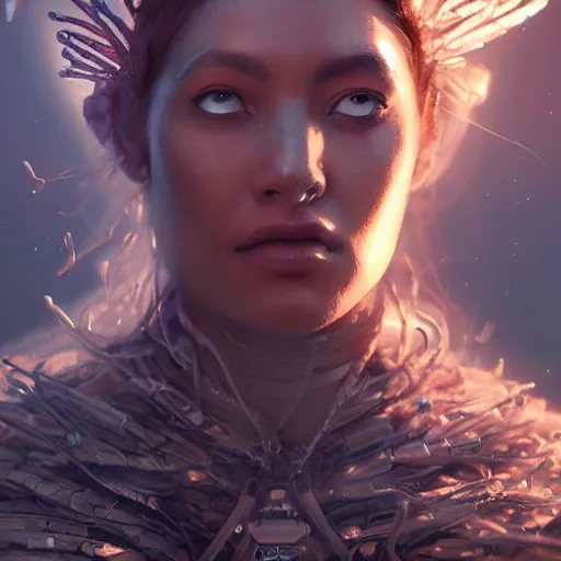 Image similar to detailed portrait of a futuristic sci - fi shaman in an impressive scene. extremely detailed. beautiful lighting. trending on artstation.