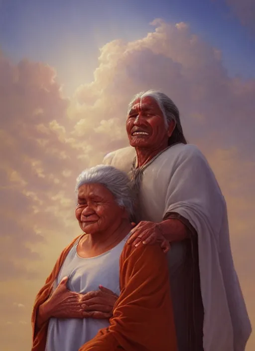 Image similar to portrait of an indigenous grandfather and grandmother in the clouds, smiling, protection, benevolence, ancestors, art by christophe vacher