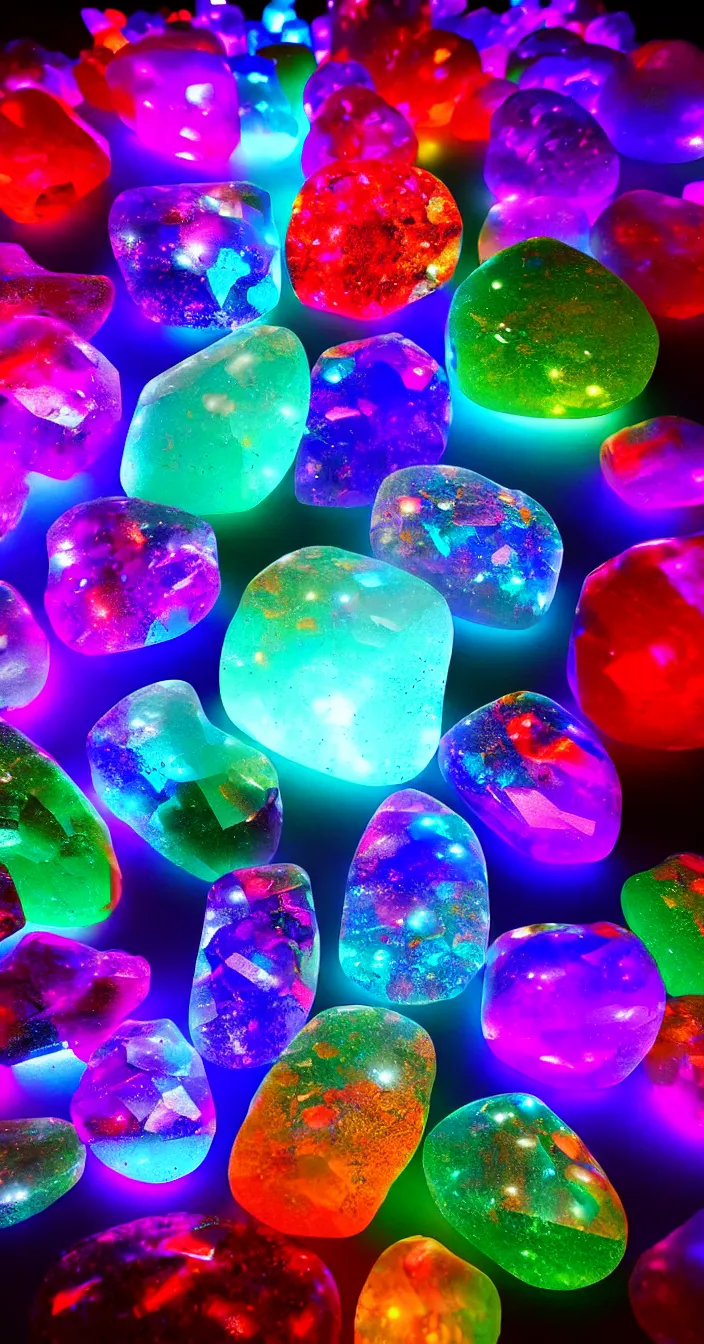 Image similar to realistic photo of multi colorful big transparent stones, glowing light from behind, very sharp focus, in the style of greg rutswoski, very hyper realistic, highly detailed, fantasy art station