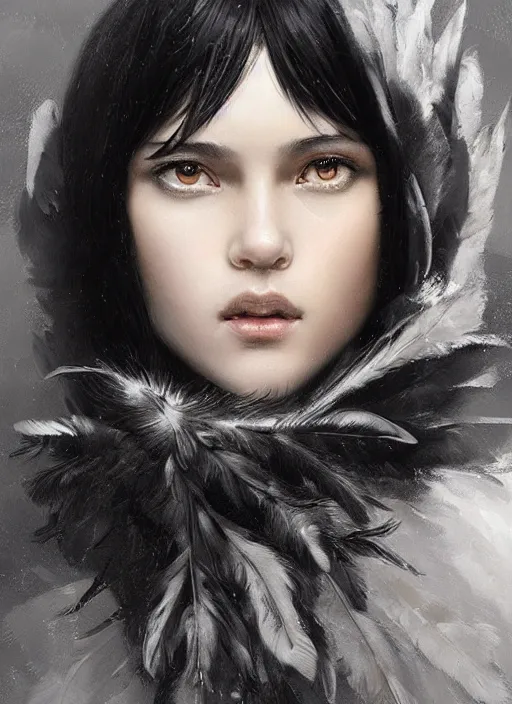 Image similar to a teenage girl with very short black hair and a huge cloak made of grey and black feathers. beautiful highly detailed face. beautiful painting by artgerm and greg rutkowski and raymond swanland