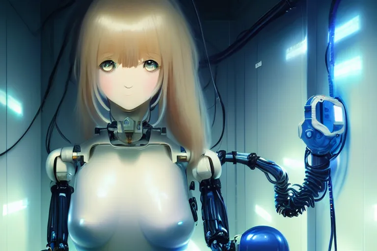 Image similar to datacenter room connects cables young robot server android baroque oil painting finely detailed perfect face flowing long fiberoptics blonde hair robot eyes blue. anime shinkai takeuchi key visual of character concept art metal female robot body suit pixiv fanbox, painted by greg rutkowski