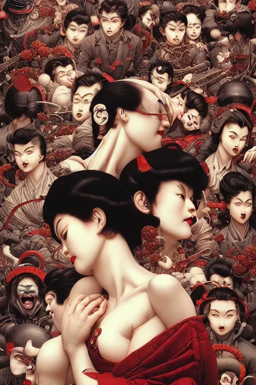 Image similar to 🔞🤡🤼, dynamic lighting, symmetrical dimension, rotary, x - y priority, detailed, by bambang nurdianshyah, garis edelweiss, roby dwi antono and ayami kojima, takato yamamoto, barclay shaw, karol bak, yukito kishiro, norman rockwell