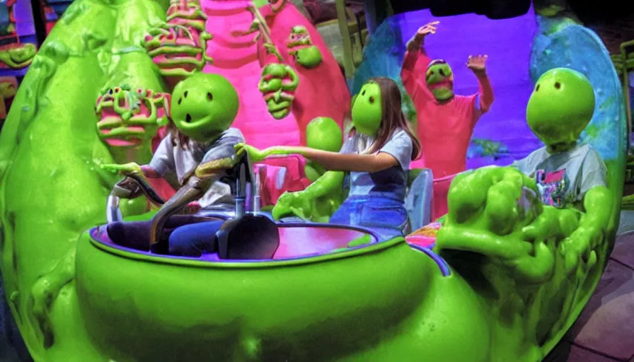 Image similar to 1990s photo of inside the Slime Friends Dangerous Potato Show ride at Universal Studios in Orlando, Florida, riding a face car through a dinner plate planet, cinematic, UHD