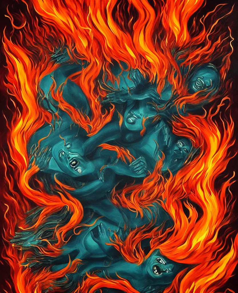 Image similar to wild emotional creatures repressed in the deep sea of unconscious of the psyche, about to rip through and escape in a fiery revolution, painted by ronny khalil
