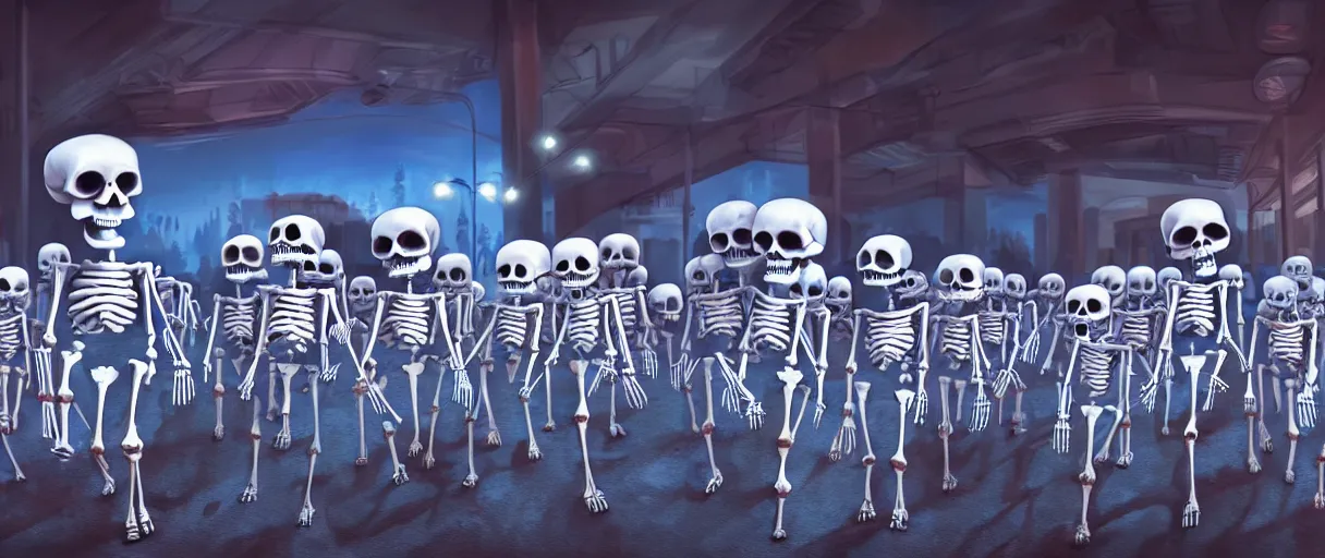 Image similar to hyperrealistic supercute skeleton army mall in background ute osterwald jason limon professional concept art dramatic blue lighting wide angle hd 8k sharp shallow depth of field