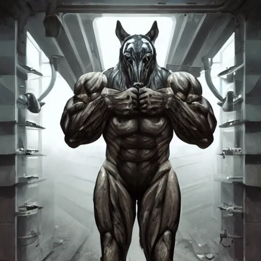 Image similar to a monstrously muscular male anthro horse wearing a tactical suit in a research facility, foggy breath coming out of mask, highly detailed, anthro art, furaffinity, digital painting, artstation, sharp focus, smooth, concept art, illustration, art by artgerm, greg rutkowski, wlop