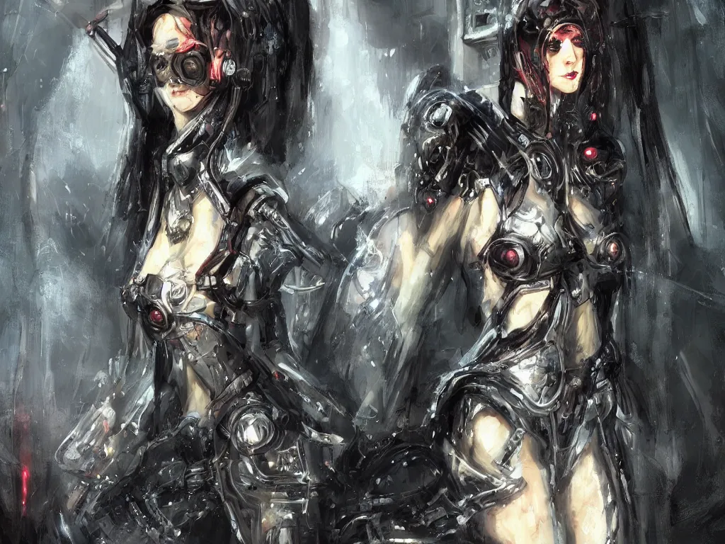 Prompt: cybernetic priestess, cyberpunk, gothic, fantasy, science fiction, character concept art, painting,